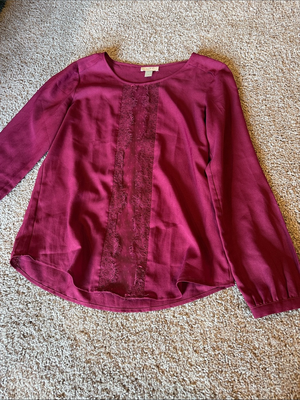 LOFT Long Sleeve Lace-Trim Top - Berry